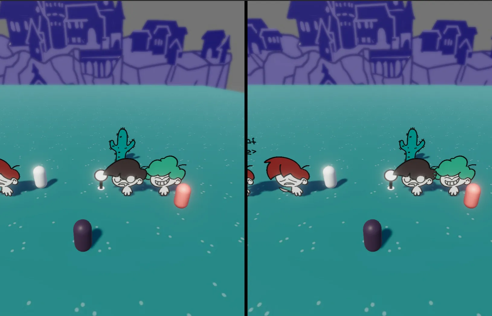 Later split-screen prototype: purple houses, teal ground, character sprites and capsule placeholders in each half of the screen.