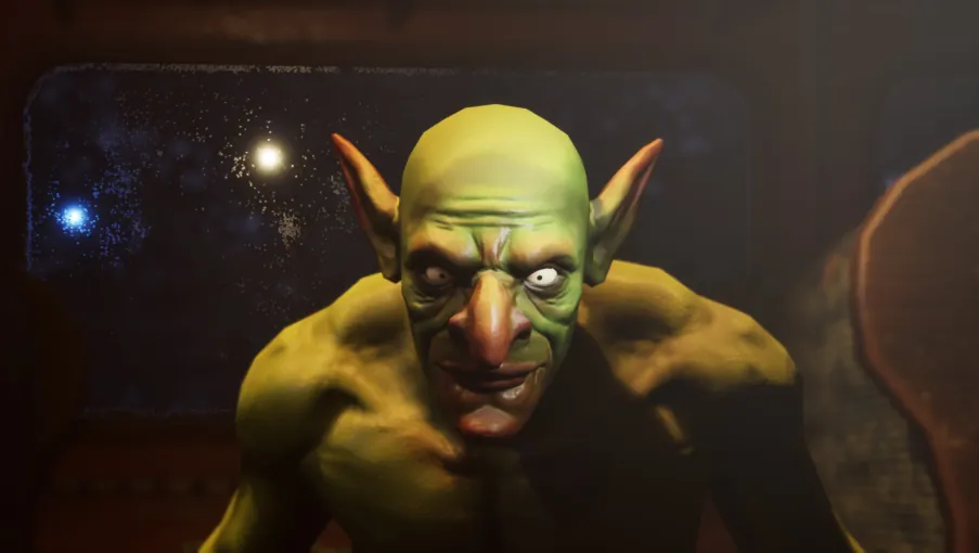 Close-up render of the Goblin: a green creature with large pointed ears, a long nose and a closed-mouth smirk.