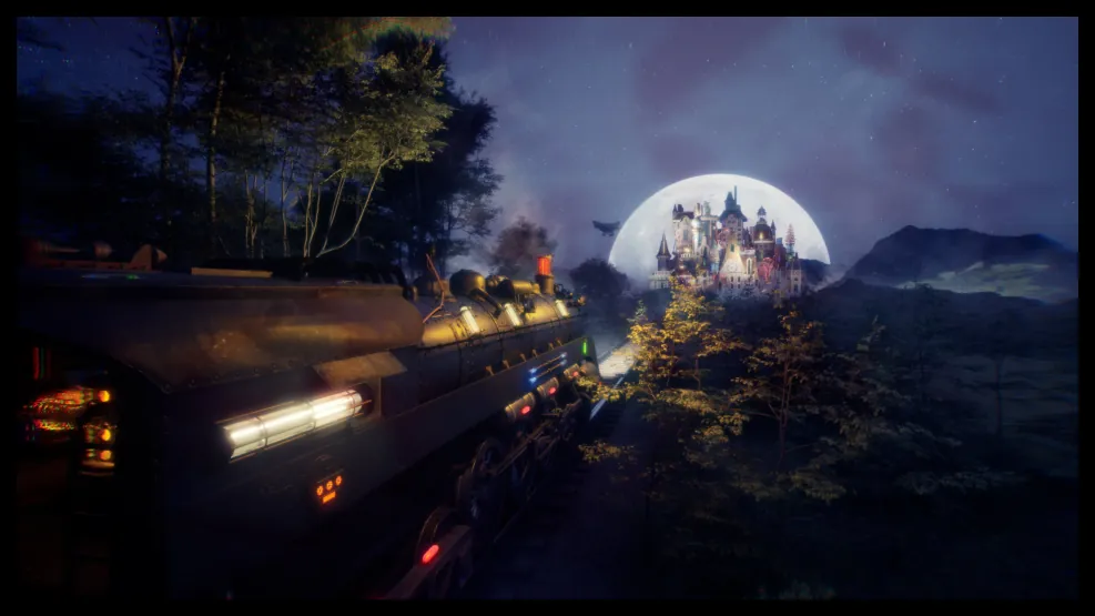 The train scene seen through the default camera, with the castle small in the distance.
