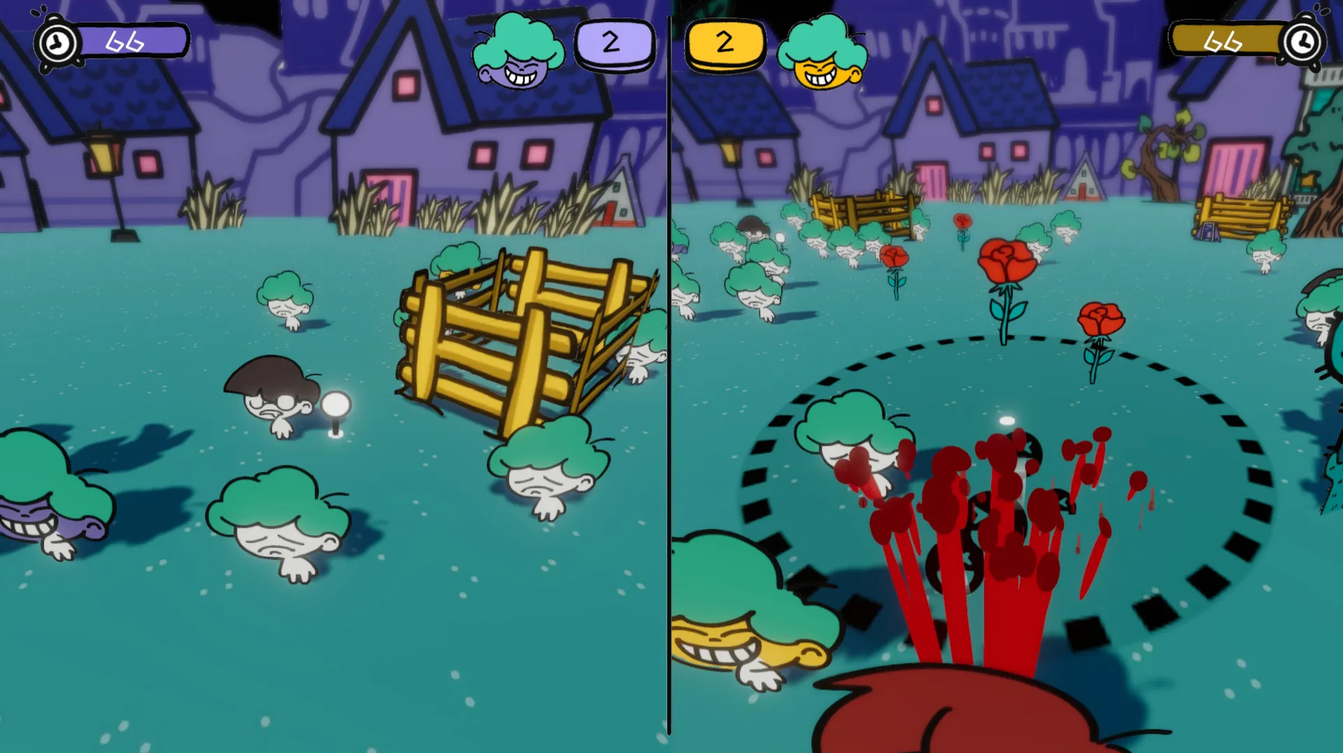 Split-screen gameplay with both scores at 2: on the right, red spikes erupt inside a dashed circle beside a red-haired character.