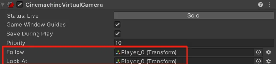 Unity Inspector for a CinemachineVirtualCamera, with the Follow and Look At fields set to Player_0 outlined in red.