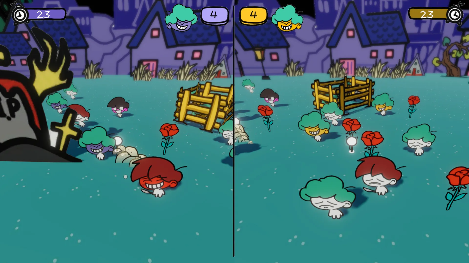 Split-screen gameplay with the timer at 23 and both scores at 4: villagers, roses and wooden fences, with a gravestone at the far left.