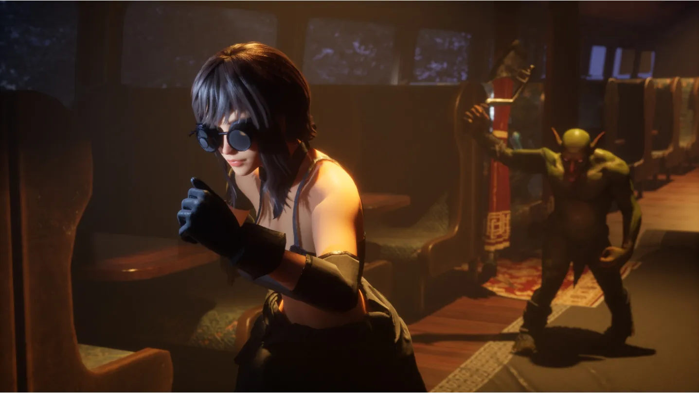 Final render: the Mechanic Girl in dark goggles raises her fists in a train carriage as the Goblin approaches with an axe.