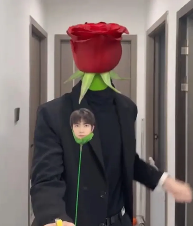 Frame from a social media video: a man in a black coat whose head is a large red rose, holding a green stem topped with a small photo of his own face.