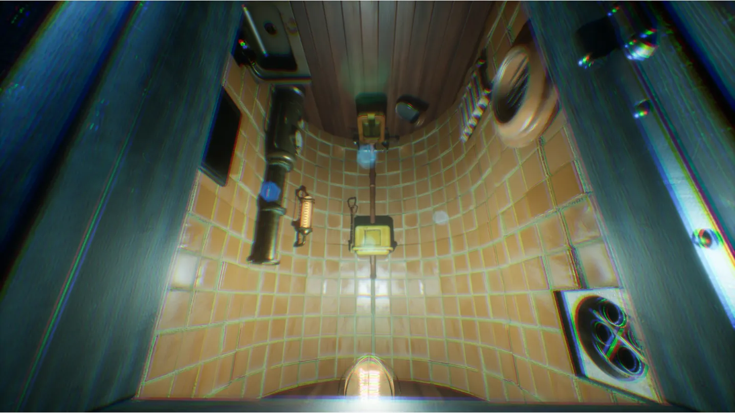 Final render: the Inverted Toilet, a tiled restroom turned upside down.