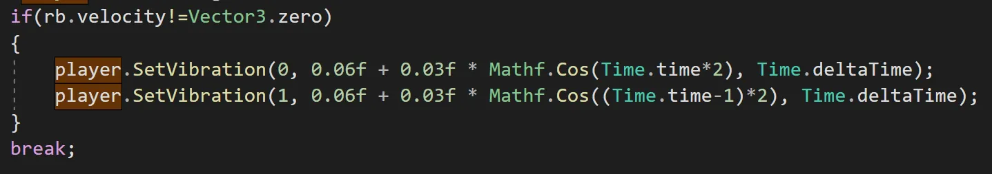 C# snippet: while the player’s rigidbody is moving, player.SetVibration drives two motors with a cosine-based strength.