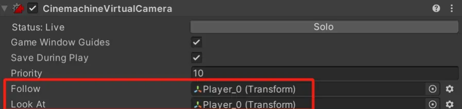 Unity Inspector 中的 CinemachineVirtualCamera 组件,Follow 和 Look At 字段设为 Player_0,并用红框标出。