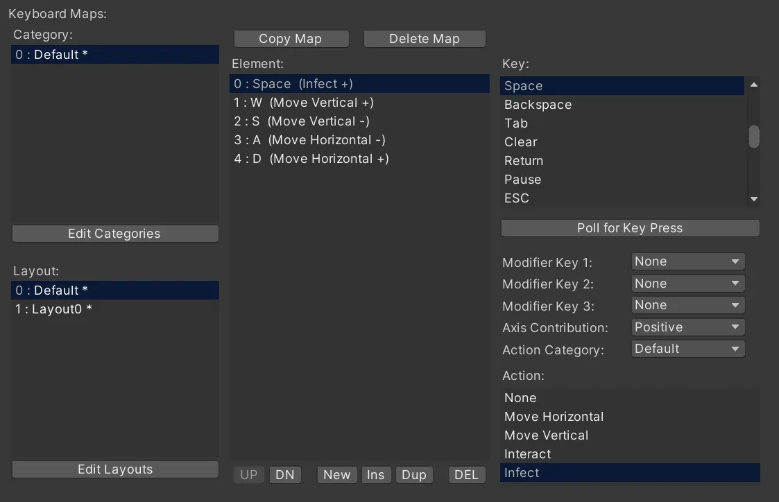 Rewired keyboard map editor binding Space to Infect and W, S, A, D to movement.