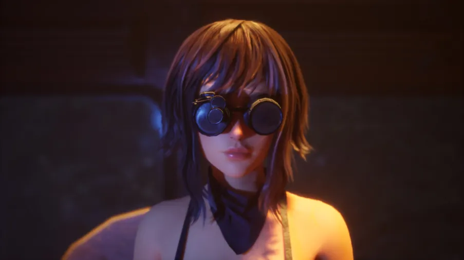 Close-up render of the Mechanic Girl: short brown hair, round goggles and a dark neckerchief.
