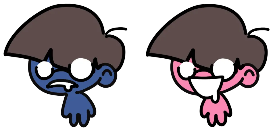 Two portraits of the hoodlum, who has a dark brown bowl cut and round white eyes: on the left with blue skin and a grimace, on the right with pink skin and an open-mouthed laugh.