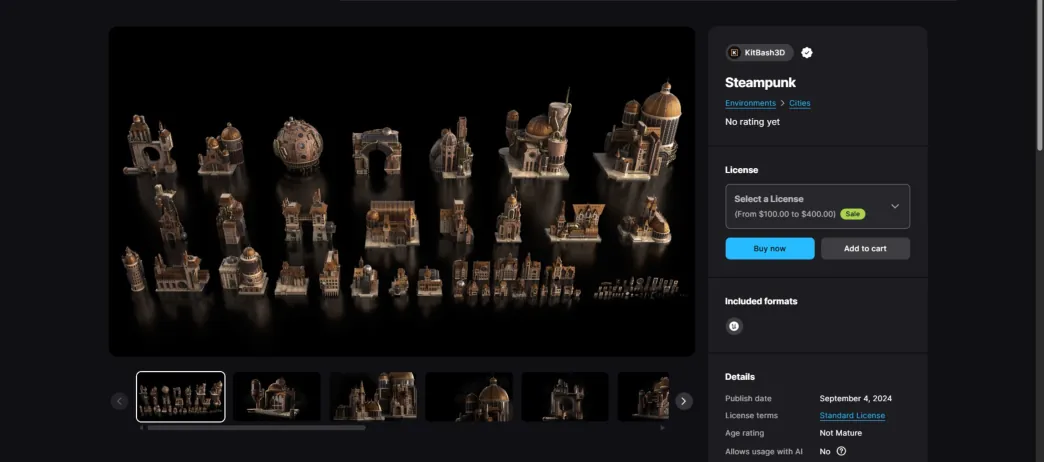 Fab listing page for the Steampunk building kit, showing rows of steampunk building models.