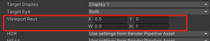 Unity camera settings with Viewport Rect set to X 0.5, Y 0, W 0.5, H 1, outlined in red.