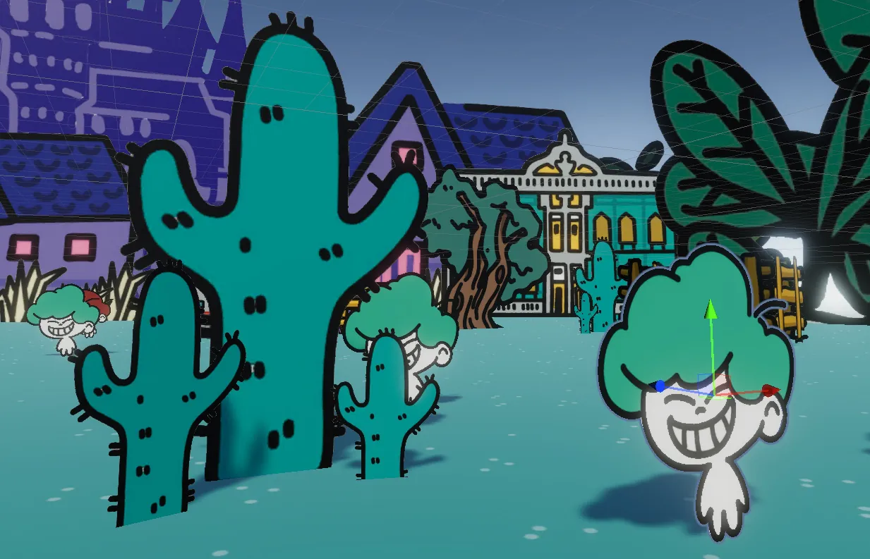 Unity scene view: flat 2D sprites of a cactus and a grinning green-haired character stand upright on the ground.
