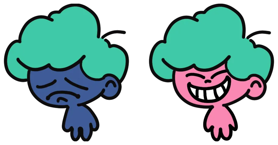 Two portraits of the villager, who has green cloud-like hair: on the left with blue skin and a sad frown, on the right with pink skin and a wide toothy grin.