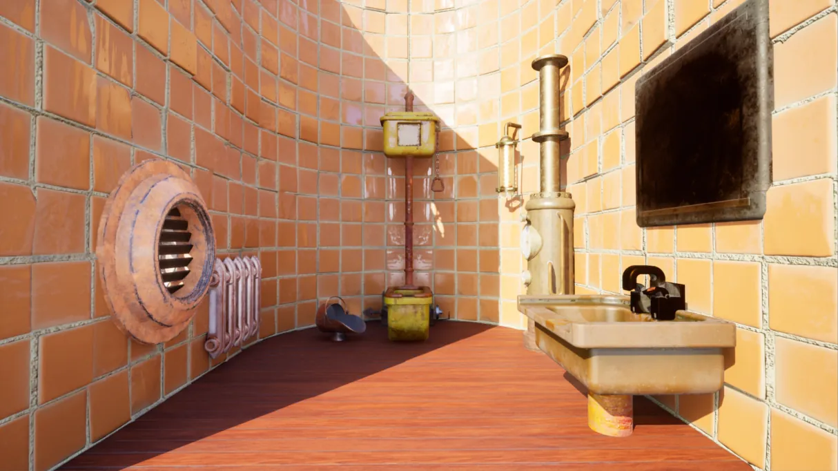 The restroom before flipping: curved orange tiled walls, a porthole window, a radiator, a sink and brass pipes.
