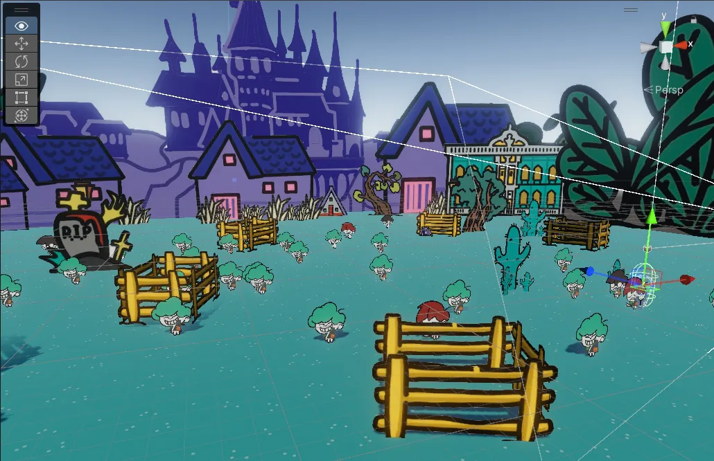 Unity scene view of the level: 2D houses, a castle, fences, a gravestone and villagers placed upright across a teal ground.