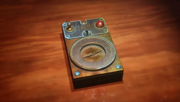 Render of a small brass device with a dial, a lever and a red button on a wooden table.
