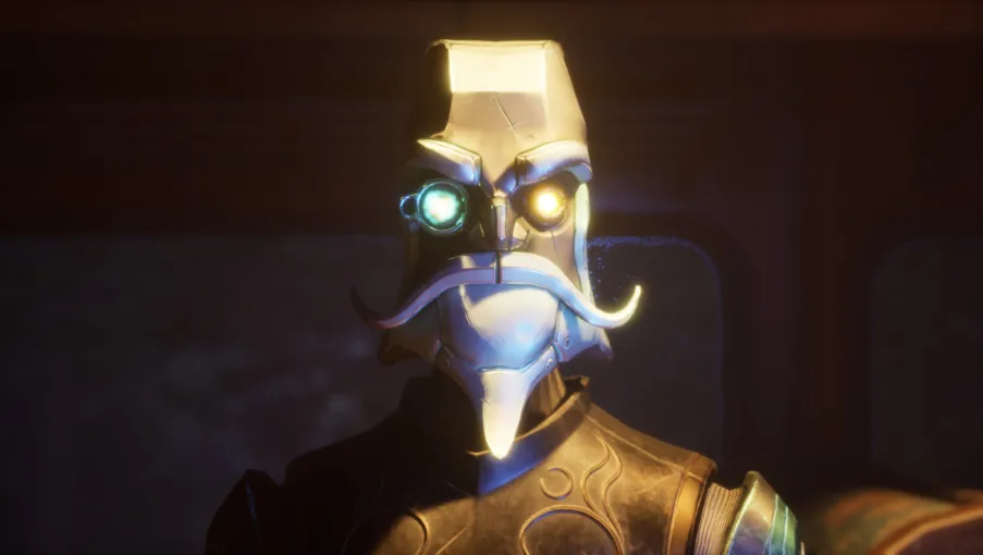 Close-up render of the Professor: a robot head with a pale metal face, glowing eyes and a curled moustache.