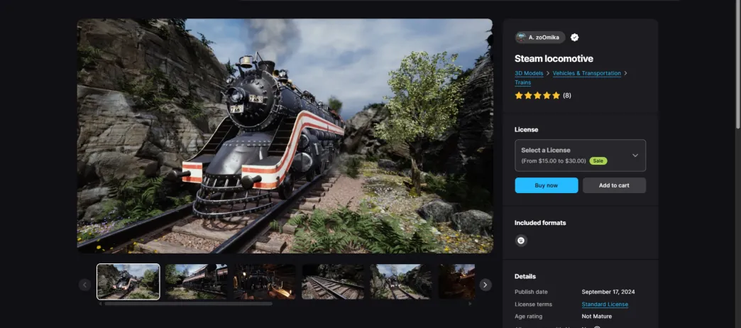 Fab listing page for the Steam locomotive 3D model.
