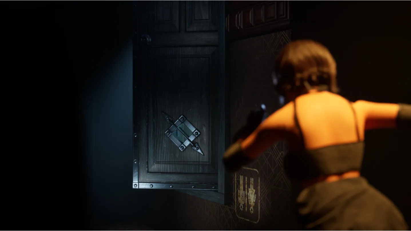 Final render: the Mechanic Girl, seen from behind, faces a dark wooden door with a metal emblem.