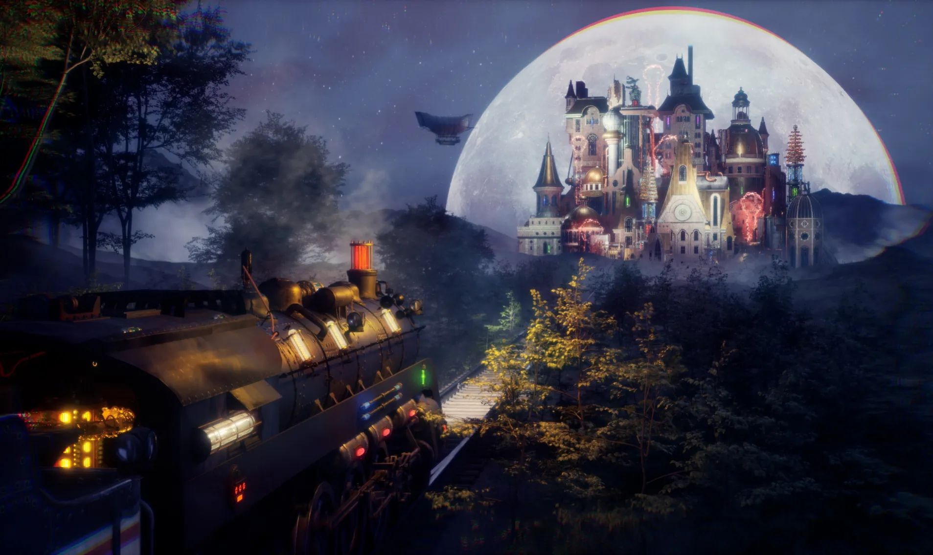Unreal Engine 5 scene: a steampunk locomotive races through a dark forest toward a neon-lit castle in front of a giant full moon.