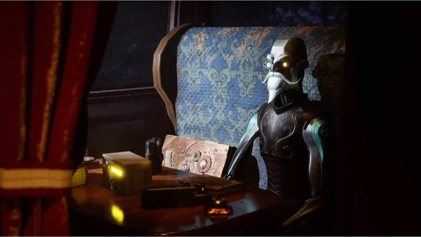 Final render: the robot Professor seated at a table in an ornate train compartment.