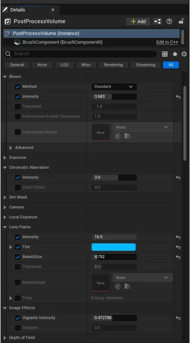 Unreal Engine Post Process Volume details panel with bloom, chromatic aberration, lens flare and vignette settings.