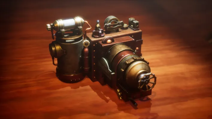 Render of a brass steampunk camera with a large lens and a side canister on a wooden table.