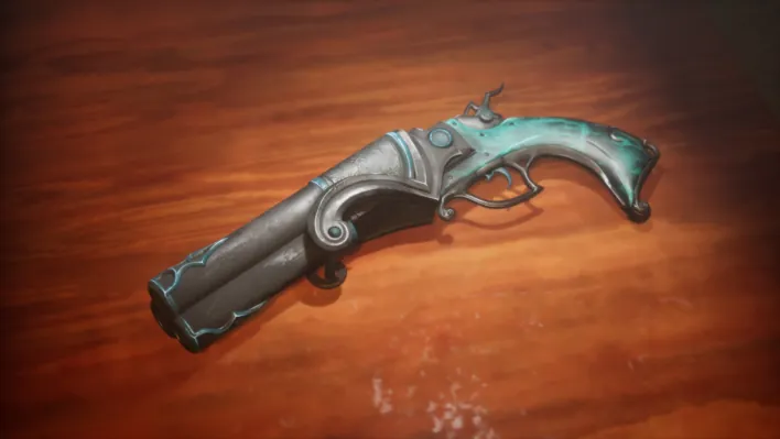 Render of a steampunk pistol with a grey metal barrel and a teal grip, lying on a wooden table.