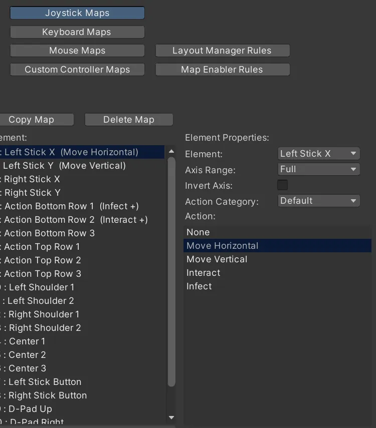 Rewired joystick map editor binding the left stick to Move Horizontal and Move Vertical and the bottom-row buttons to Infect and Interact.